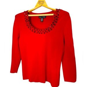 Cable & Gauge Red Knit Embellished 3/4 Sleeve Sweater in Women's Size M
